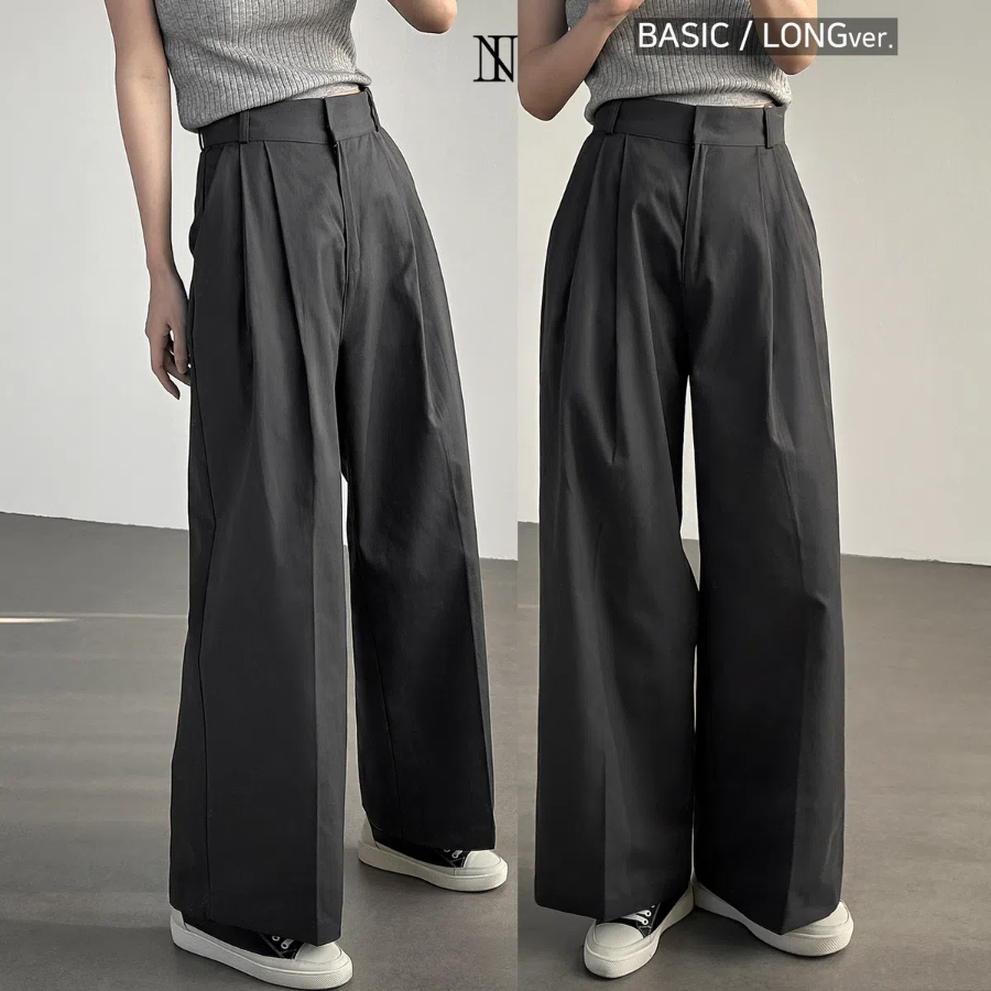 High-Waist Two-Pintuck Cotton Long Wide Slacks