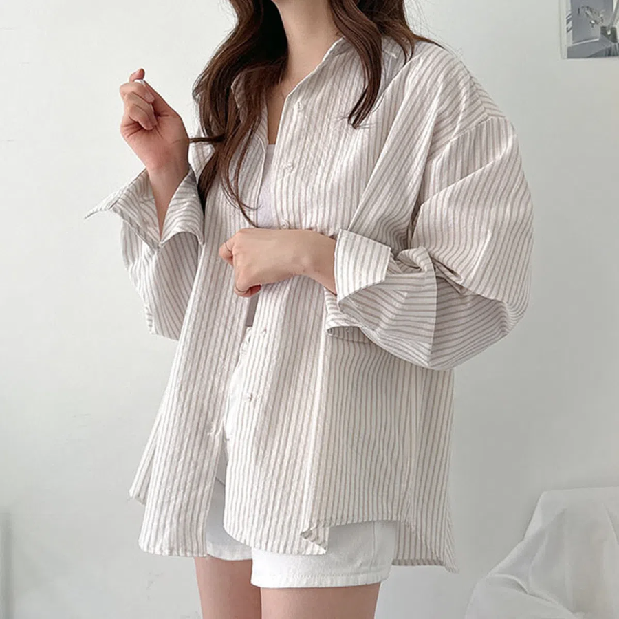 Modern Stripe Cotton Button Overfit Shirt