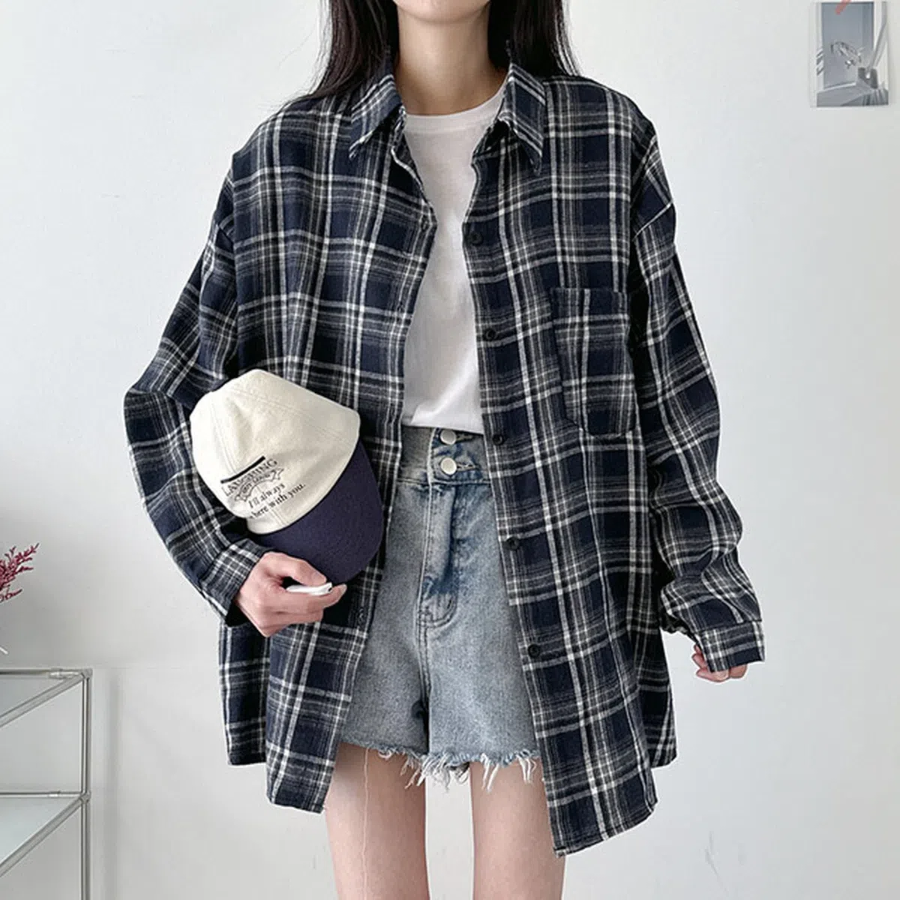 Unisex Oversized Vintage Check Balloon Long Sleeve Shirt