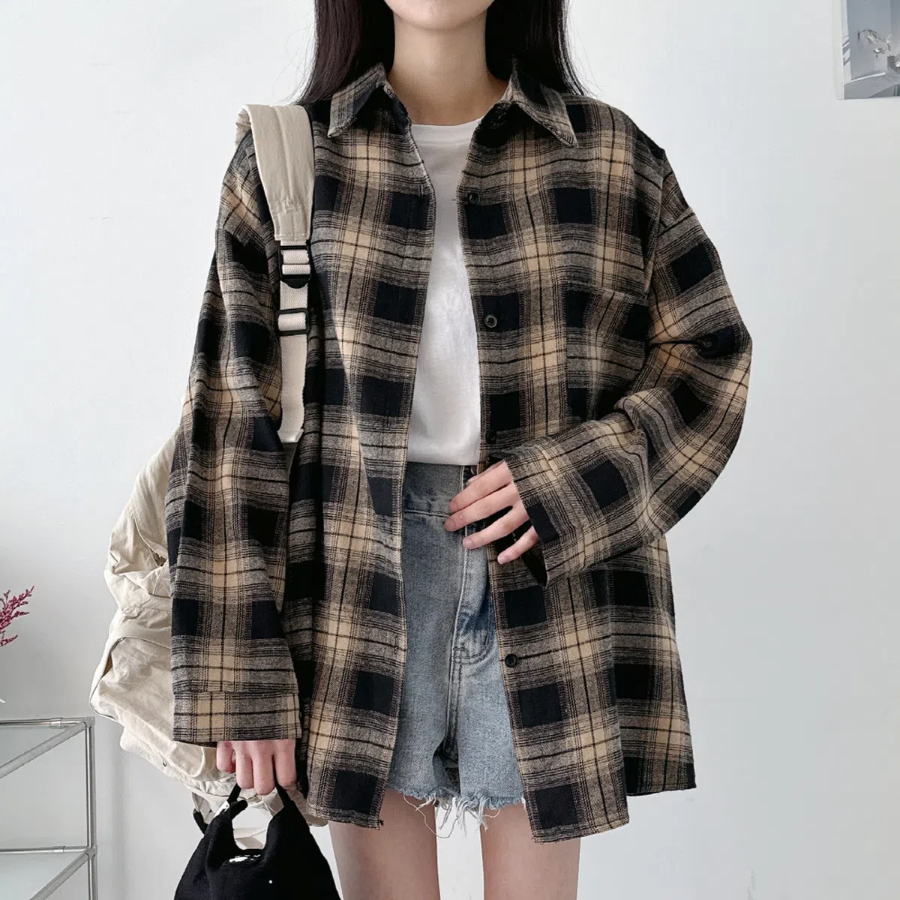 Unisex Oversized Vintage Check Balloon Long Sleeve Shirt