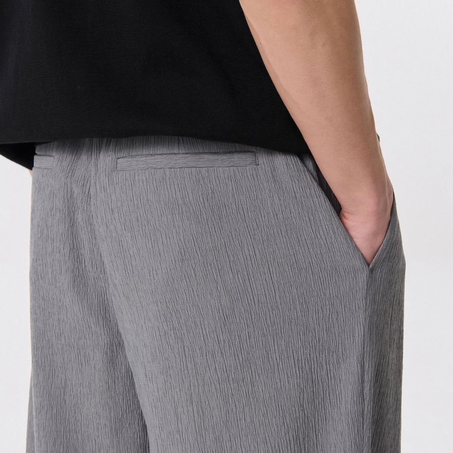 Crinkle One-Tuck Wide Banding Pants [Gray]