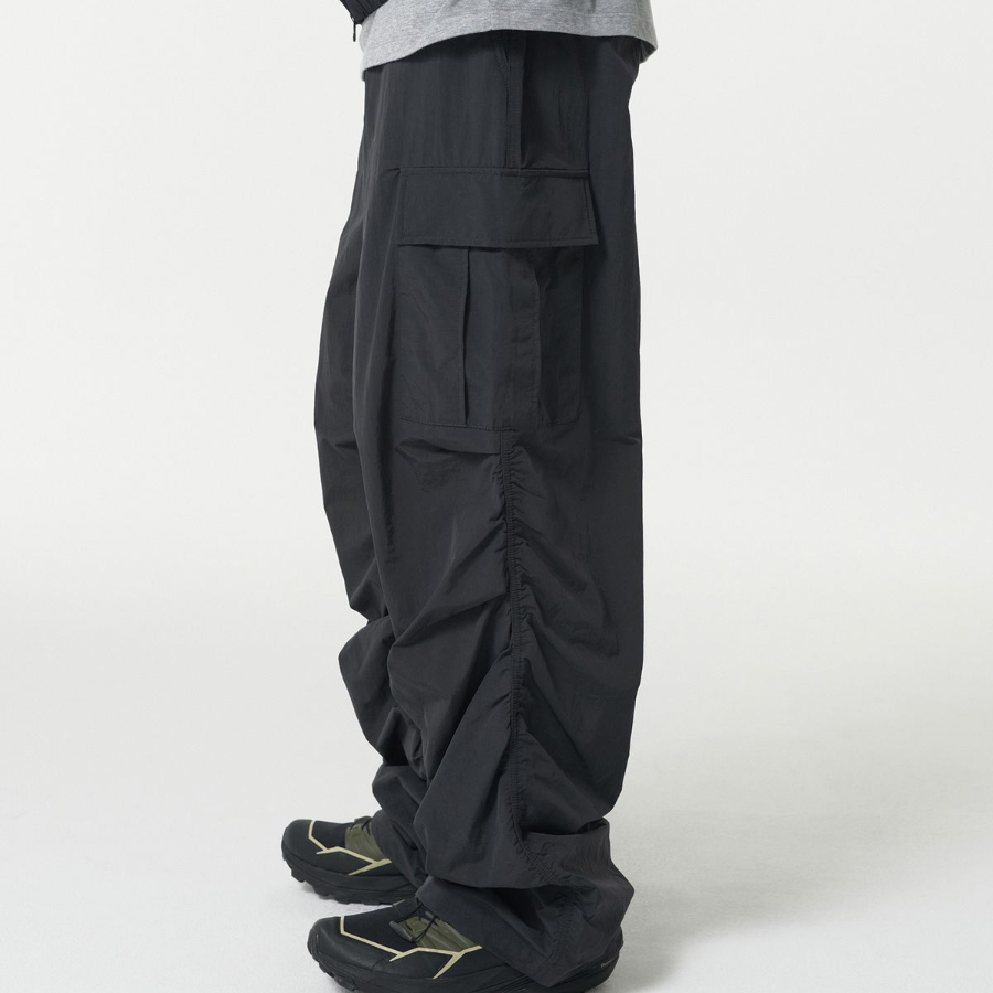 Nylon Wide Shirring Cargo Pants [Dark Gray]