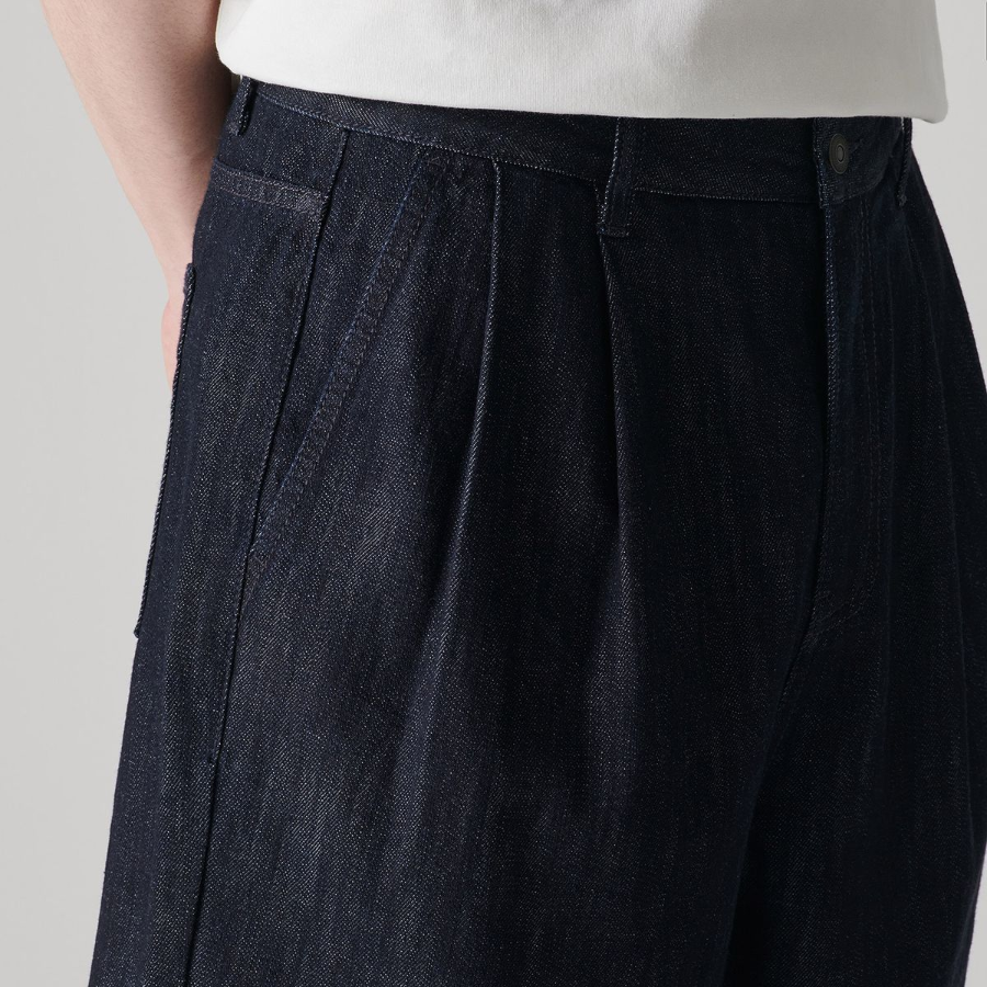 Linen Like Two-Tuck Wide Denim Shorts [Deep Indigo]