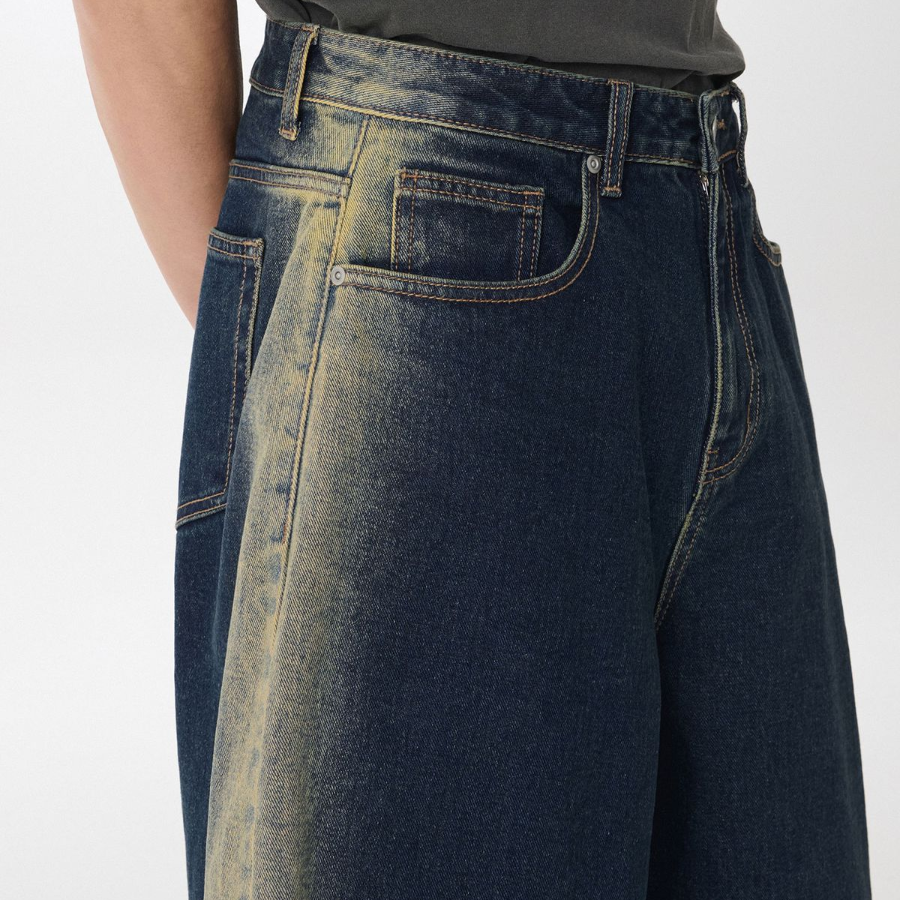 Side Brush Long Bermuda Denim Pants [Yellow Dark Blue]