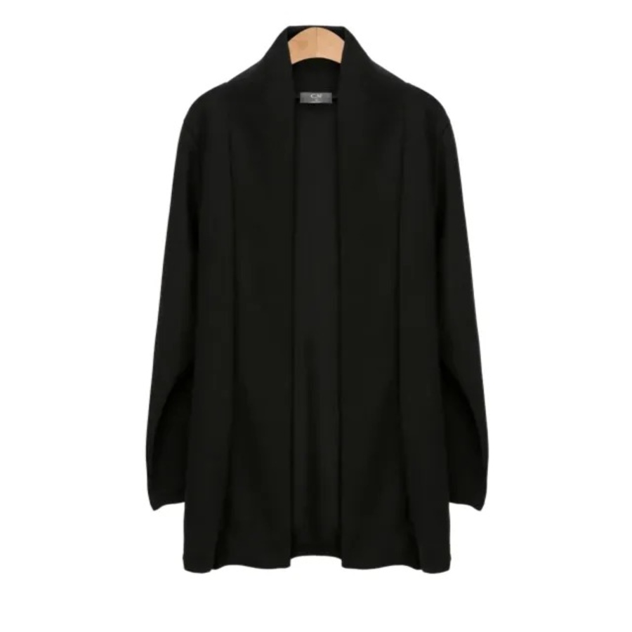 Open Shawl-Collar Stretch Knit Half-Long Cardigan