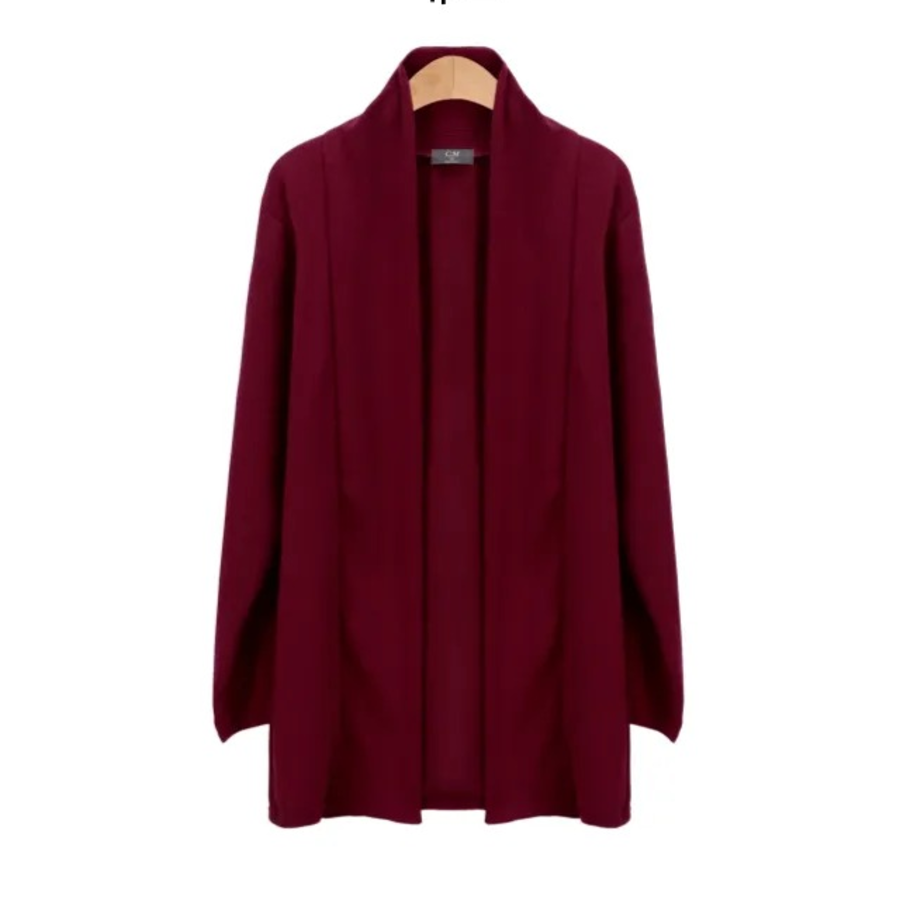 Open Shawl-Collar Stretch Knit Half-Long Cardigan