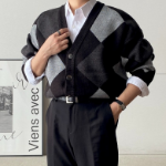 Oversized Argyle V-Neck Ribbed Diamond Cardigan
