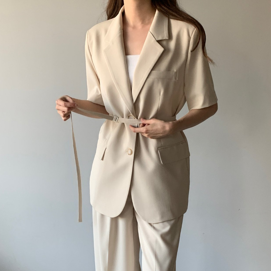 Belted Short-Sleeve Loose-Fit Long Single Blazer