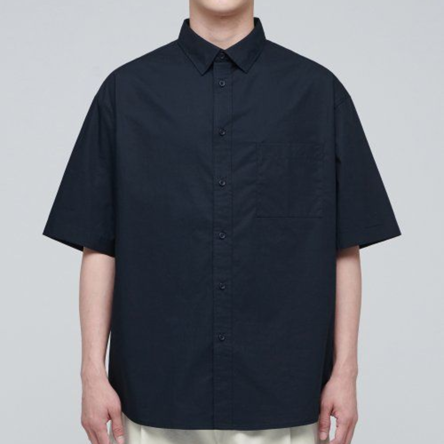 Oversized Poplin Short Sleeve Shirt [Navy]