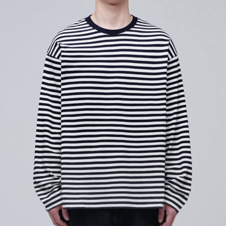 Stripe Relaxed Crew Neck Long Sleeve T-shirt [Black]
