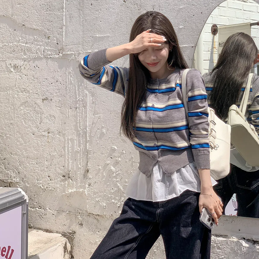 Mielu Three-Color Striped Crew Neck Cardigan