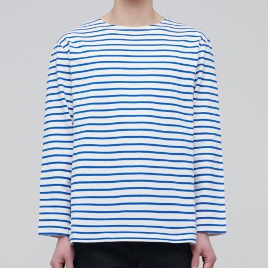 Stripe Boat Neck Long Sleeve T-Shirt [Ivory/Blue]