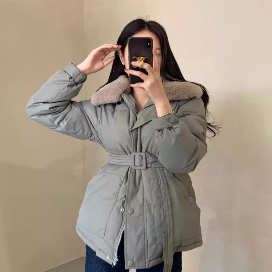 Faux Mink Fur Lace-Up Belted Puffer Jacket