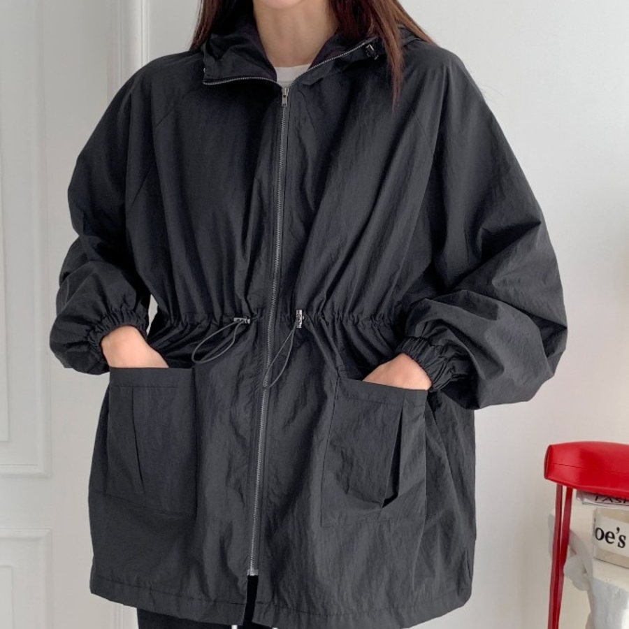 Cotton Half Nylon Shirring Hooded Jacket