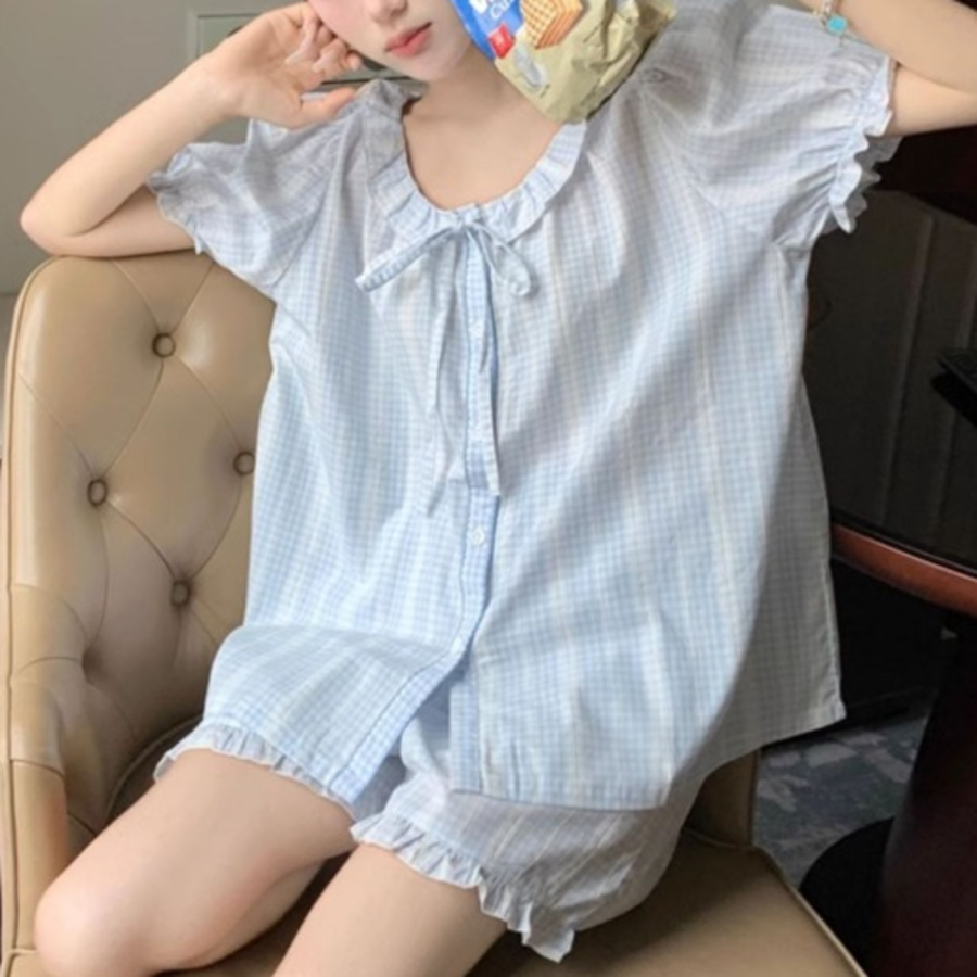Check Frill Short Sleeve Pajama Set