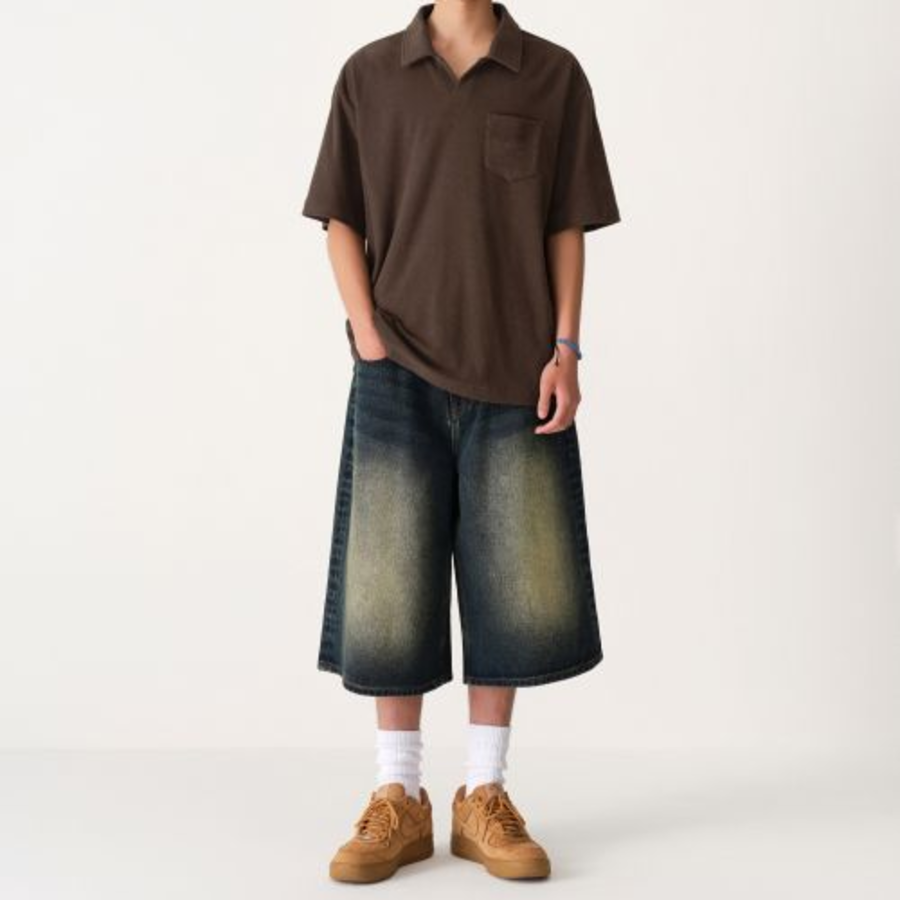 Terry Cloth Slit Neck Polo Shirt [Brown]