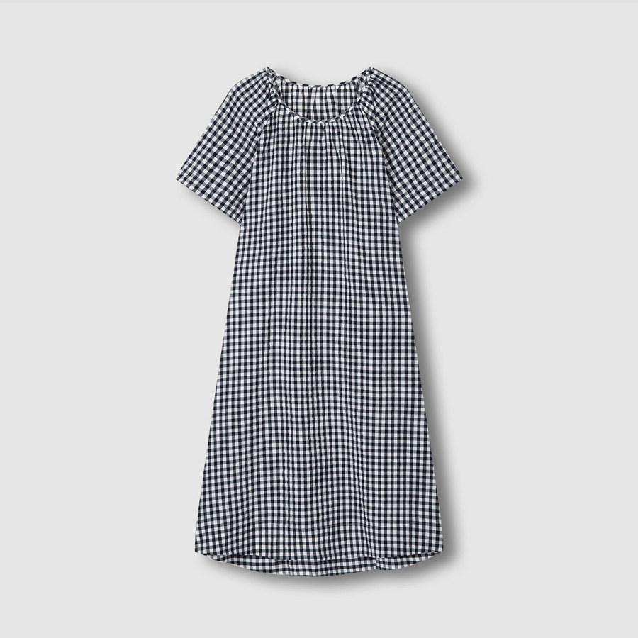 JAJU Cotton Seersucker Short-Sleeve Pajama Dress (Navy) — лёгкость и комфорт для тёплых ночей