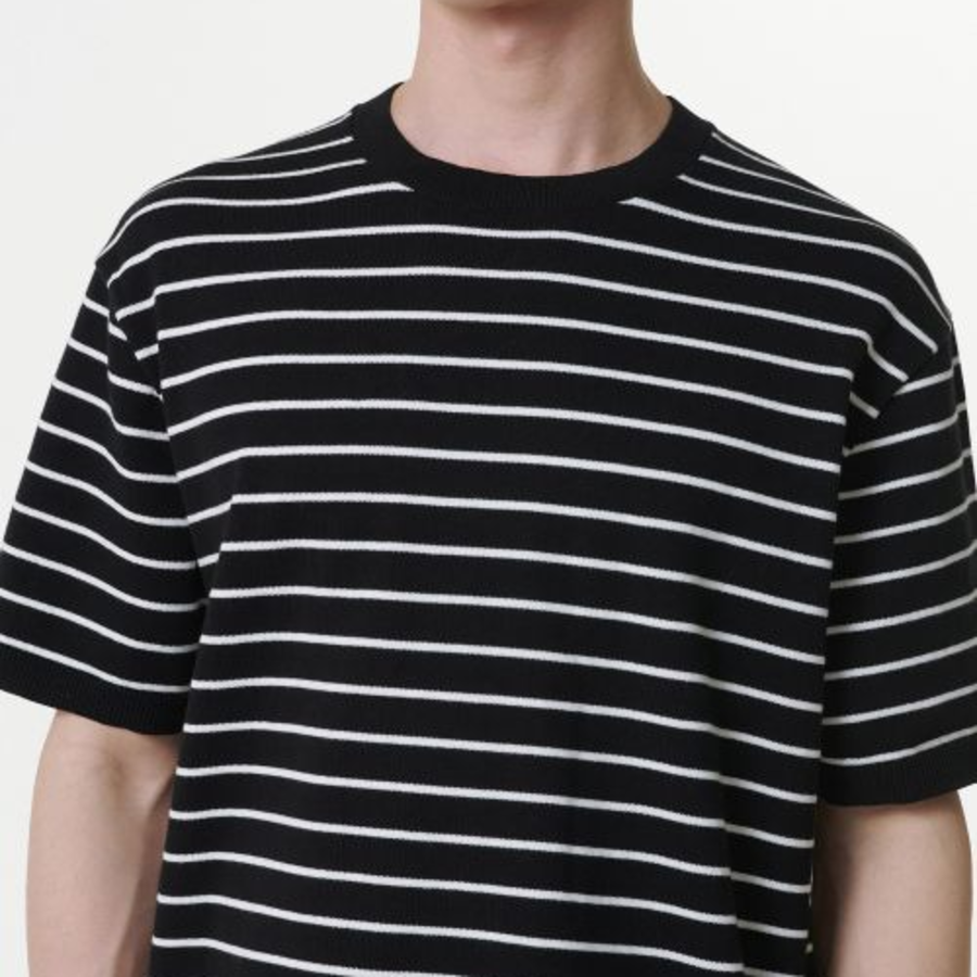 Stripe Crew Neck Short Sleeve Knit [Black/White]