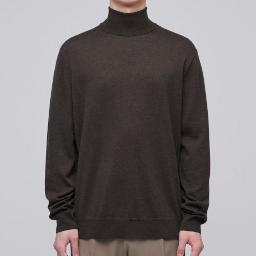 Merino Wool Blend High Gauge Turtleneck Knit [Dark Brown]