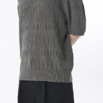 Multi Crochet Slit Neck Knitted Polo Shirt [Khaki Grey]