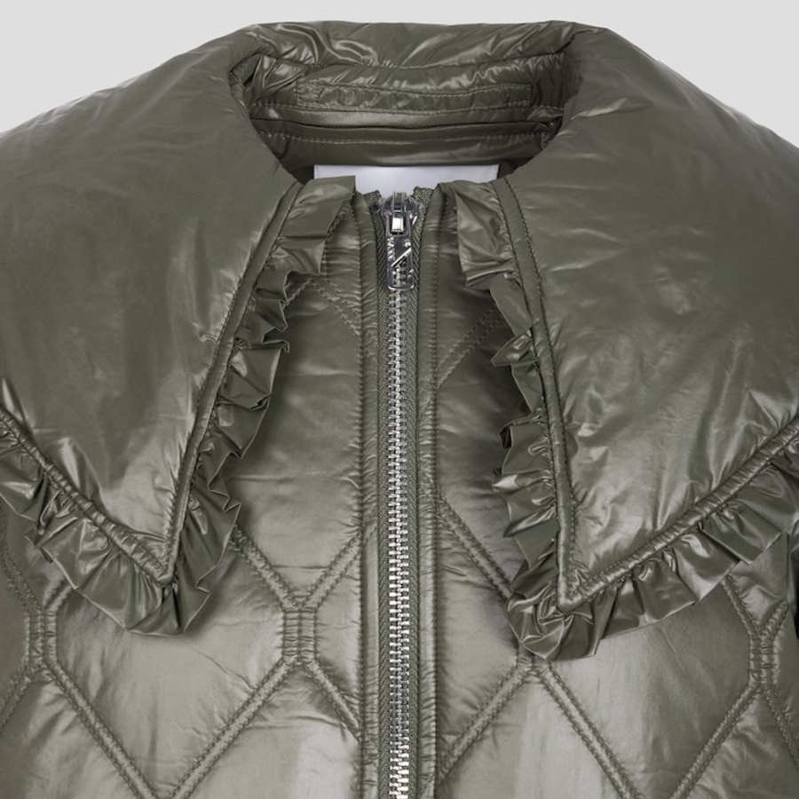 GANNI Shiny Quilt Midi Jacket – Khaki