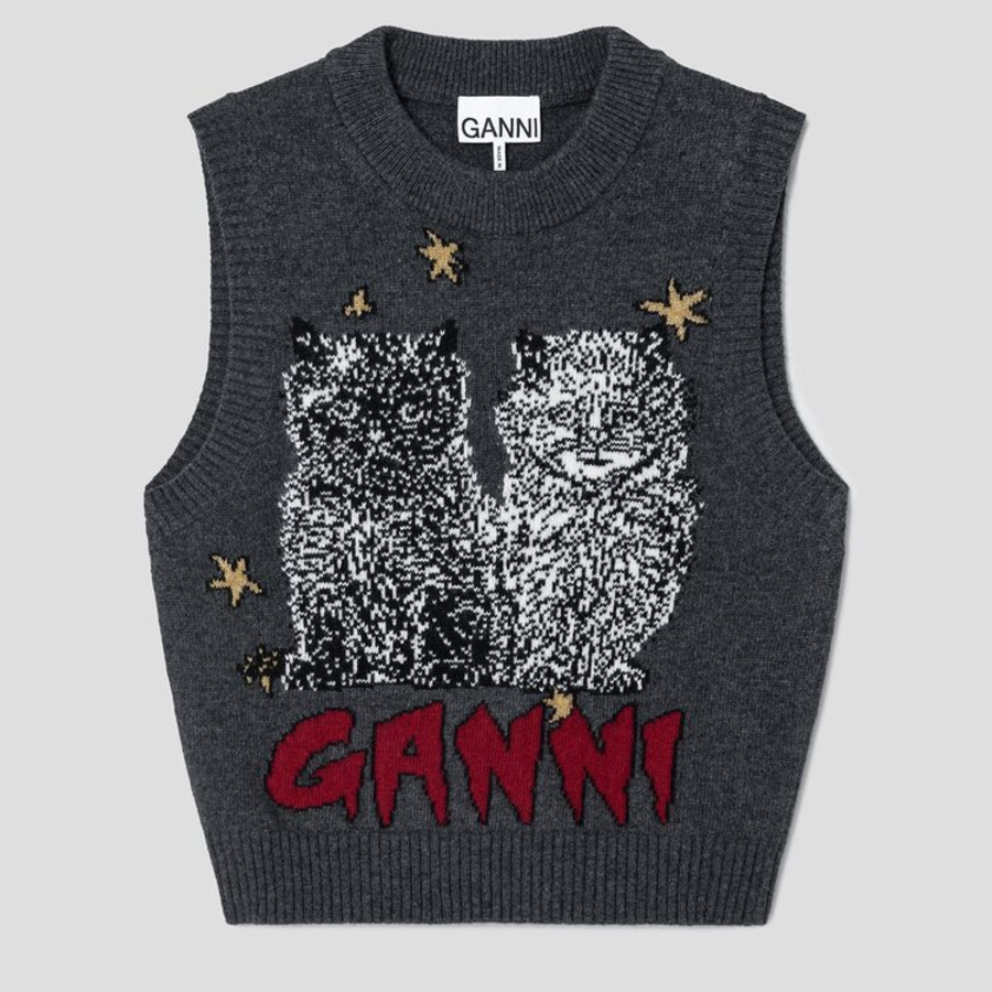 GANNI Graphic Wool Mix Cats Vest – Ash