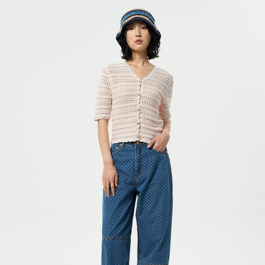 GANNI Cotton Pointelle Short Sleeve Cardigan – Ivory