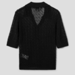 GANNI Shiny Pointelle Knit Short Sleeve Polo – Black