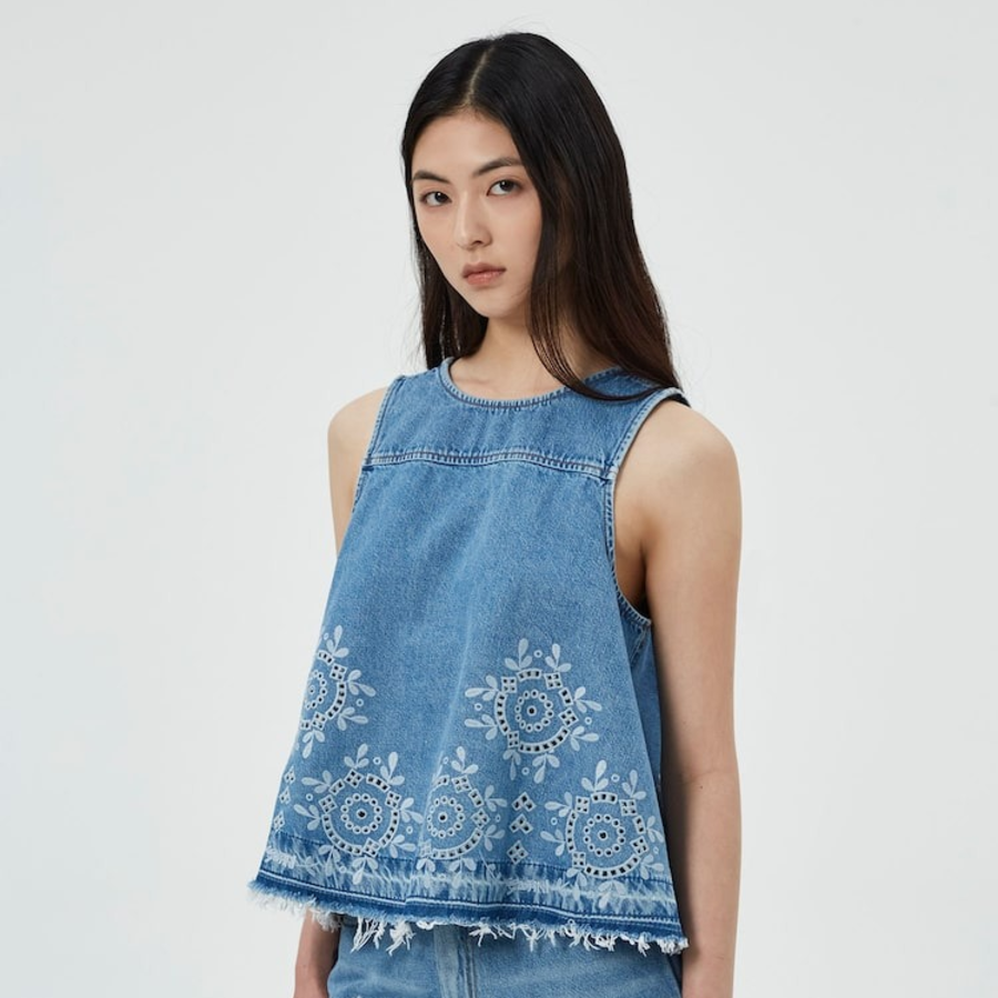 GANNI Broderie Anglaise Denim Top – Sky Blue