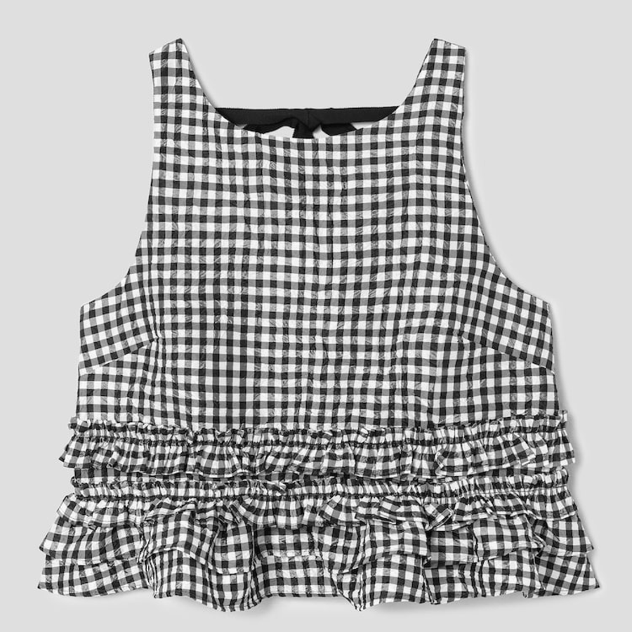 GANNI Crinkled Taffeta Check Open Back Frill Top – Black