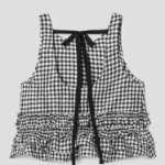 GANNI Crinkled Taffeta Check Open Back Frill Top – Black