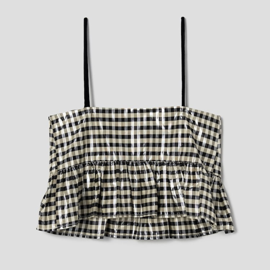 GANNI Shiny Check Jacquard Top – Lemon Icing