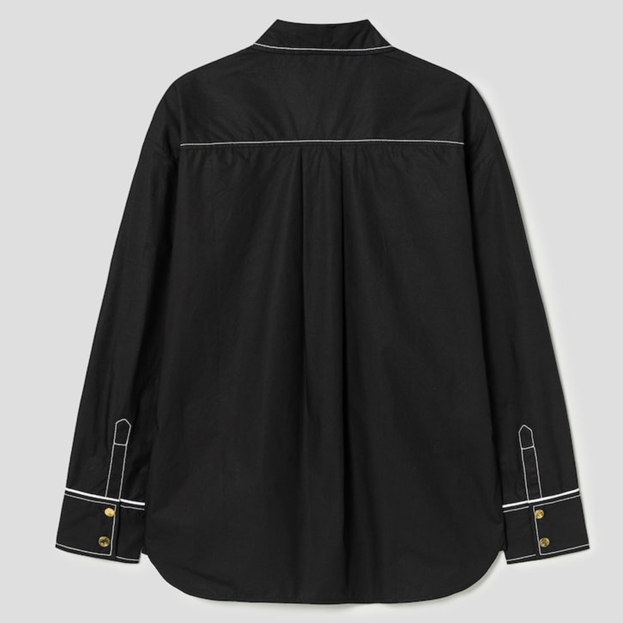 GANNI Cotton Poplin Long Sleeve Raglan Shirt - Black