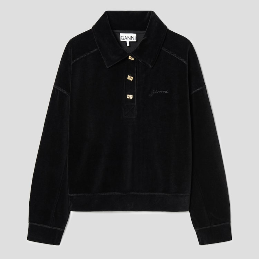 GANNI Heavy Velour Drop Shoulder Polo Shirt - Black