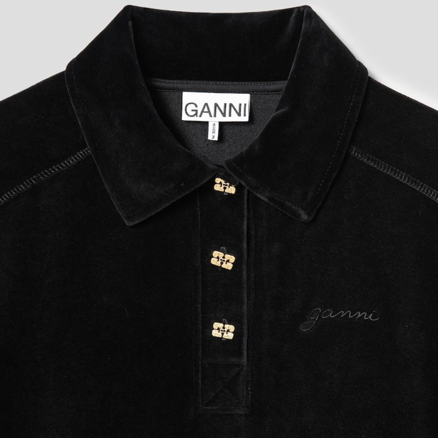 GANNI Heavy Velour Drop Shoulder Polo Shirt - Black