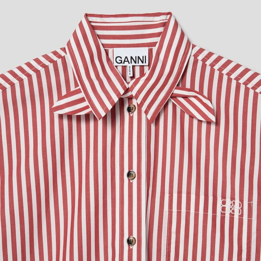 GANNI Stripe Cotton Tie Collar Shirt - Barbados Cherry