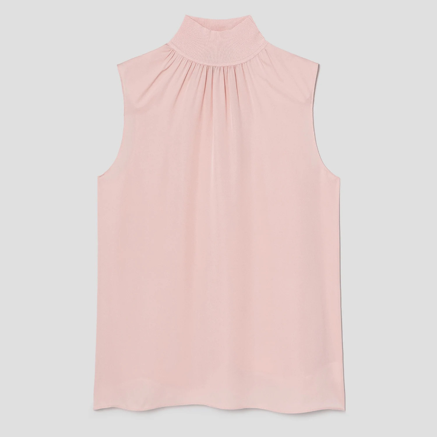Theory Women Silk Combo Rib Neck Shell Top - Pink Sand