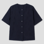 KUHO [Crease Series] Texture Half-Sleeved Blouse - Navy