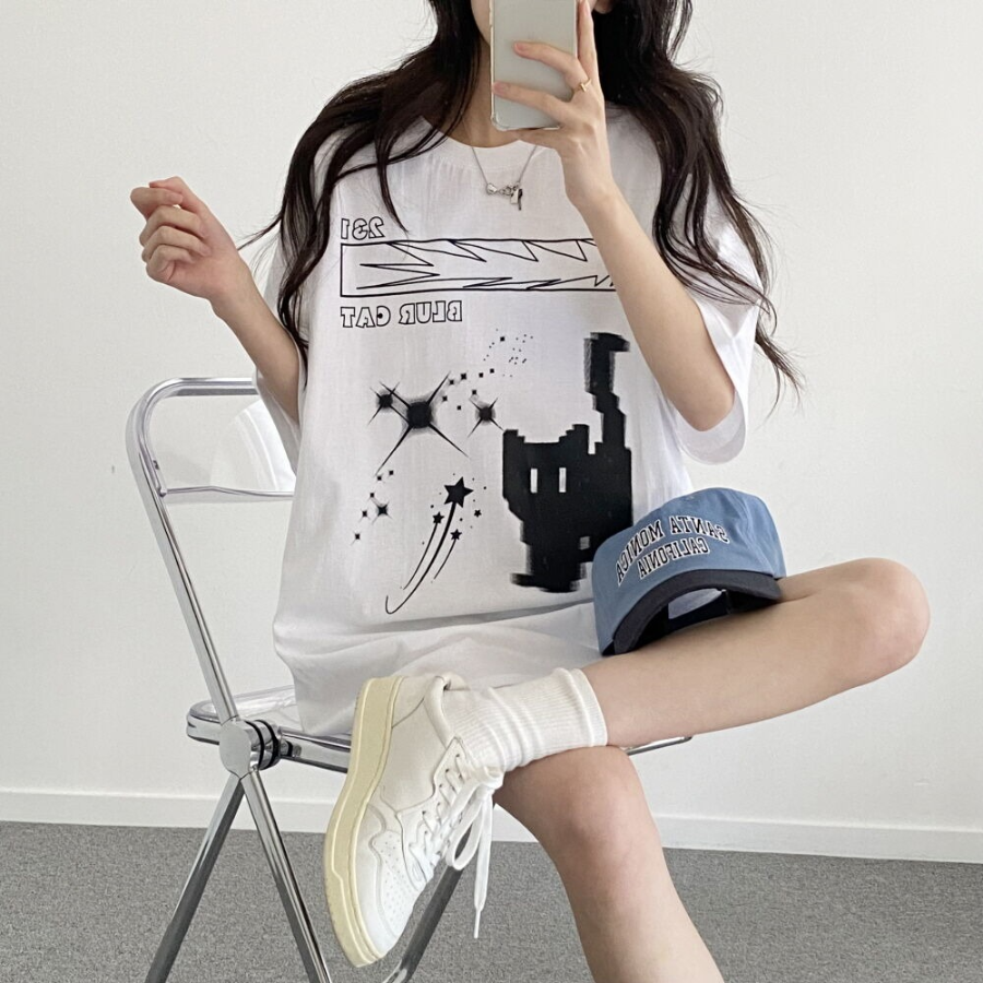 Overfit Blur Cat Printing Short Sleeve T-shirt