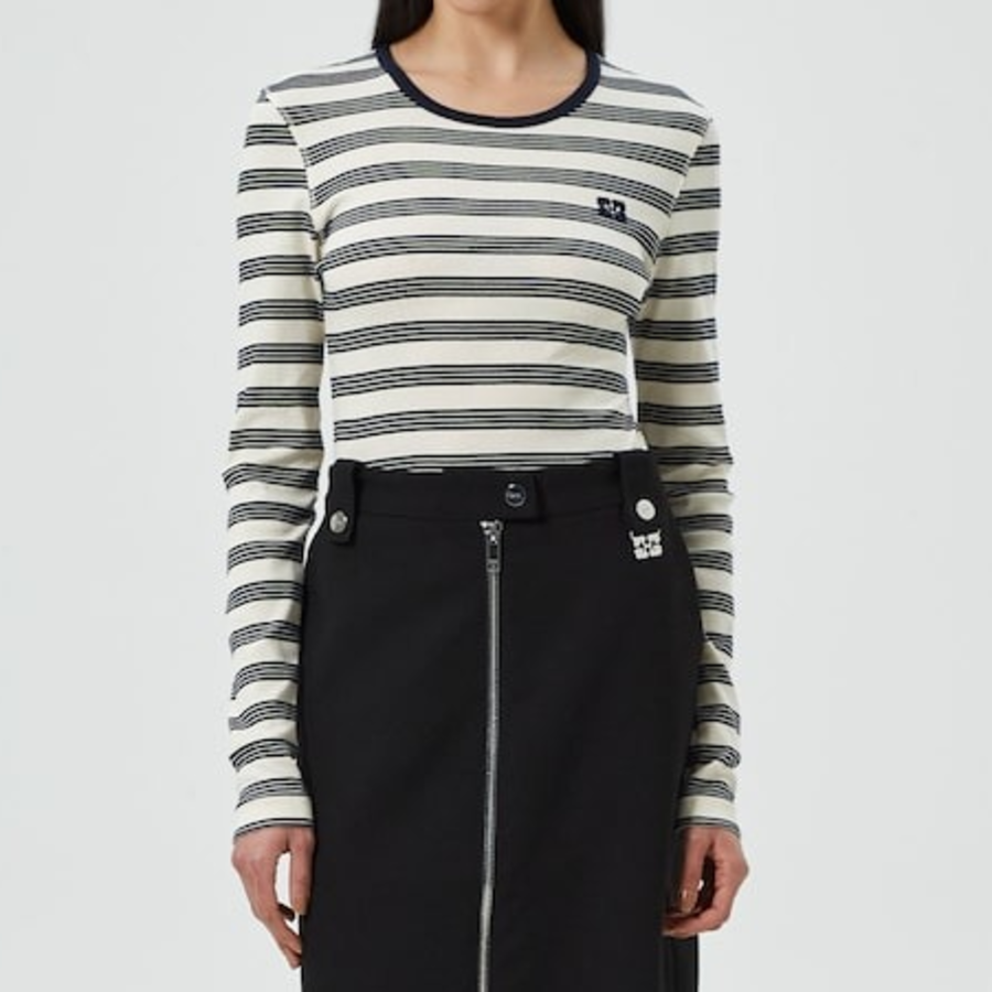GANNI Striped Soft Cotton Rib Long Sleeve T-Shirt - Sky Captain