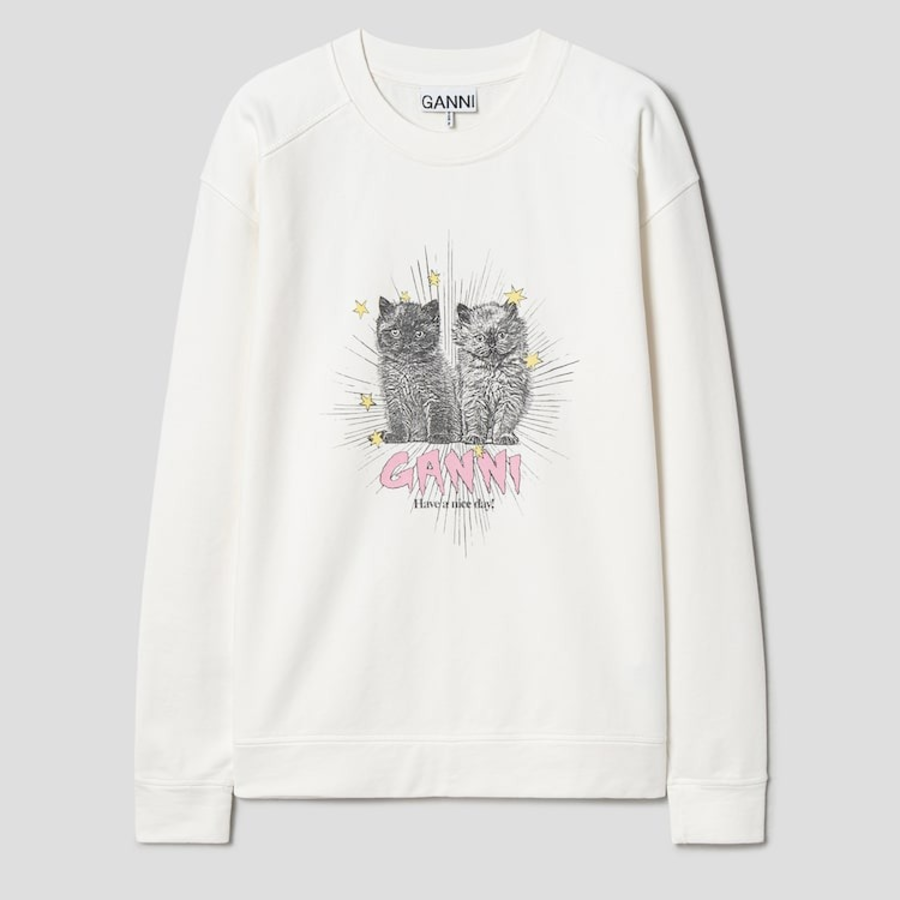 GANNI [EXCLUSIVE] Isoli Kittens Drop Shoulder Sweatshirt - White