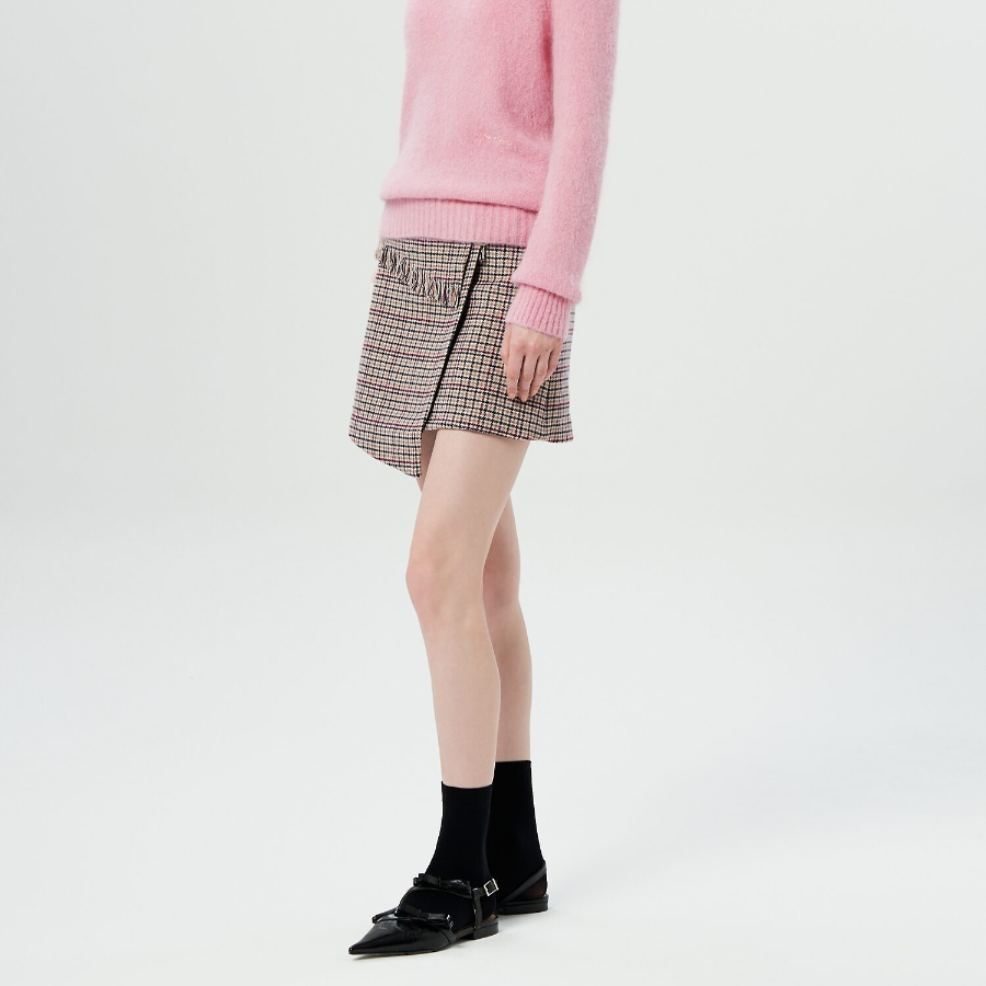 GANNI Check Wool Mix Wrap Mini Skirt – Beige
