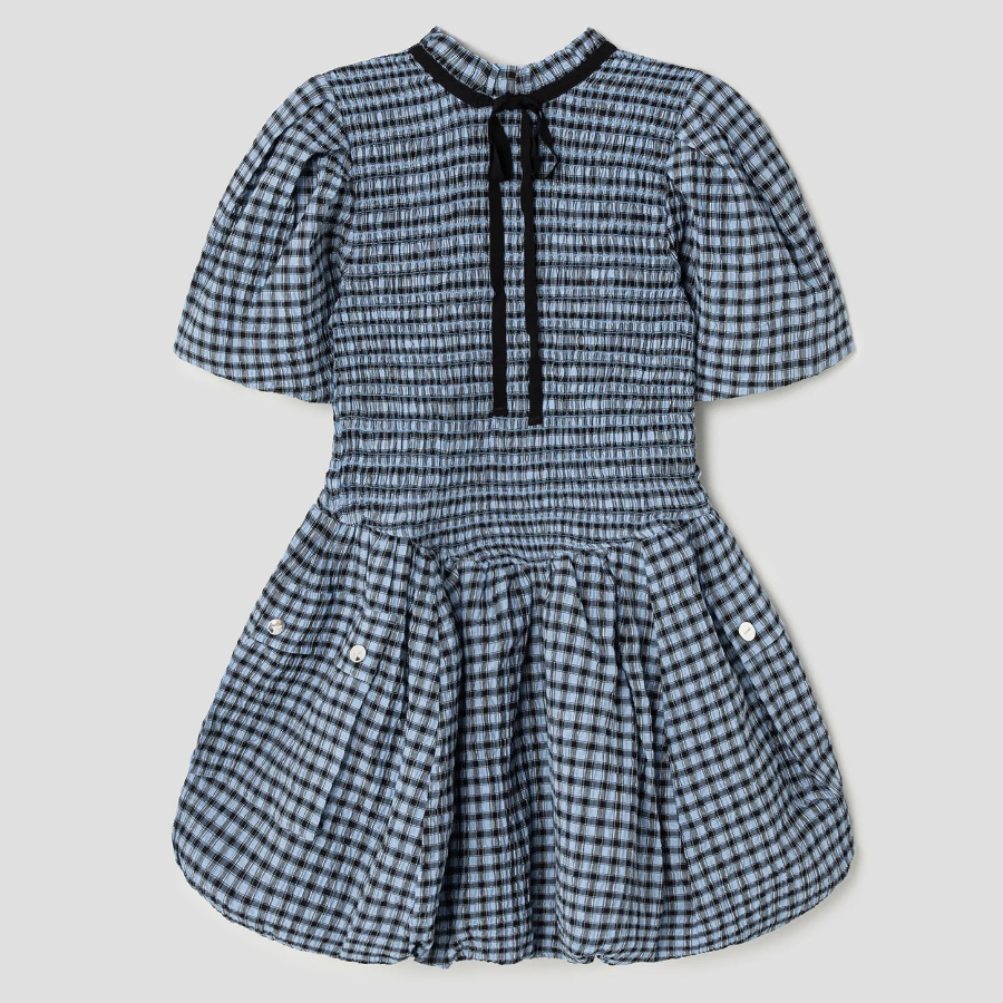GANNI Seersucker Check Mini Smock Dress – Sky Blue