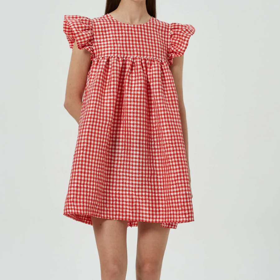 GANNI Crinkled Taffeta Check Frill Mini Dress - Red