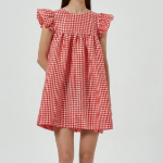 GANNI Crinkled Taffeta Check Frill Mini Dress - Red