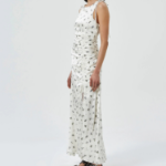 GANNI Printed Satin Gathered Long Dress - Egret