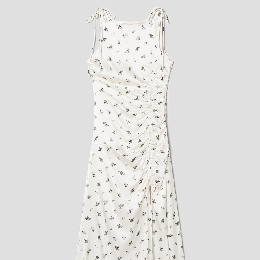 GANNI Printed Satin Gathered Long Dress - Egret
