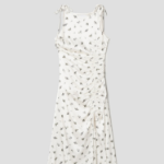 GANNI Printed Satin Gathered Long Dress - Egret