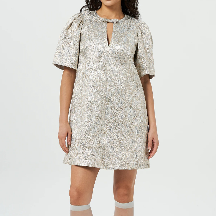 GANNI Metallic Cloque A-Shaped Mini Dress - Beige
