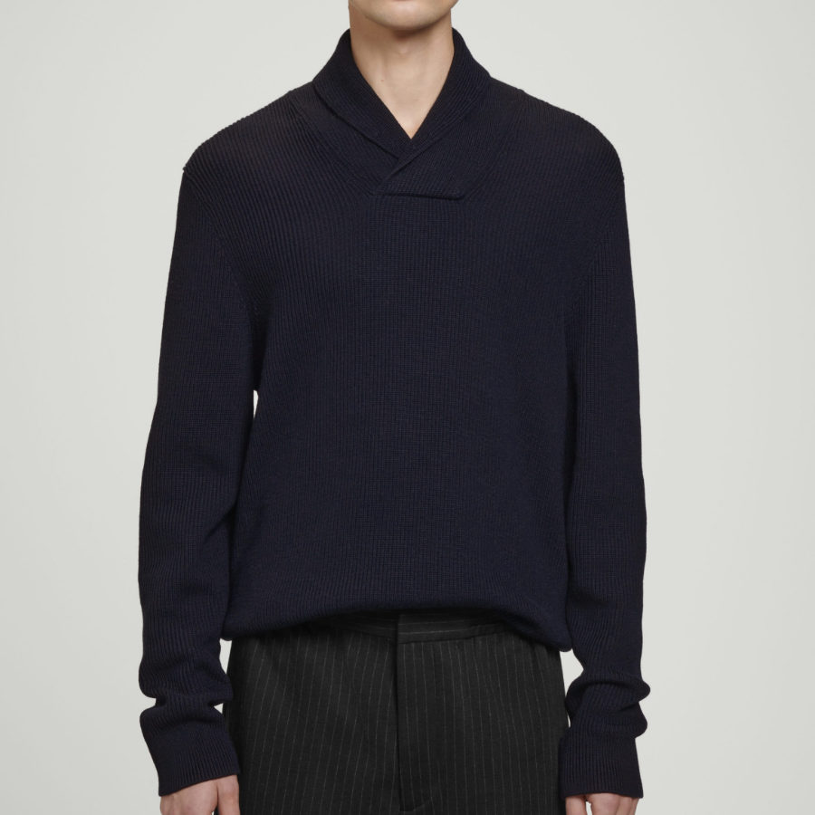 COS Shawl Collar Ribbed Merino Wool Sweater – Navy